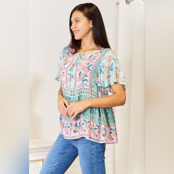 Double Take Floral Multi Color Tie Neck Short Sleeve Blouse 20%OFF - Picture 4 of 9